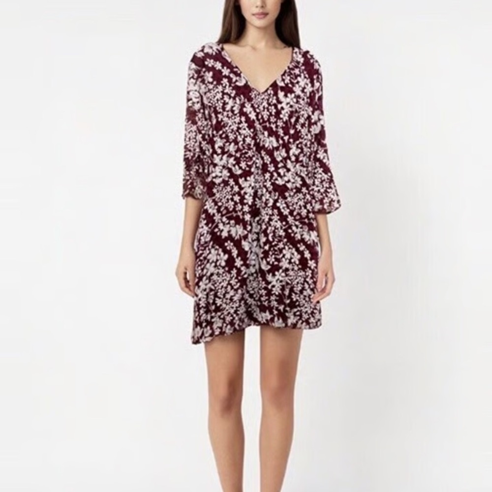 Karl Lagerfeld Burgundy Red White Floral Lave Ruffle Sleeve Mini Dress Size 6